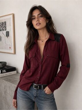 Bebe burgundy red leather shoulder studded top S